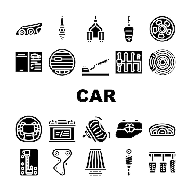 Car Vehicle Details Collection Icons Set Vector Car Headlight And Airbag Manual And Automatic Transmission Filter And Exhaust Wheel And Battery Glyph Pictograms Black Illustrations