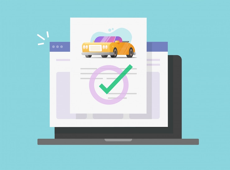 Vector car or vehicle insurance legal document online check on laptop computer or automobile digital agreement details contract  flat carton illustration