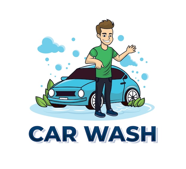 Vettore disegno di cartone animato di lavaggio auto uomo sul lavaggio auto illustrazione di progettazione vettoriale illustrazione dell'icona del lavaggio auto