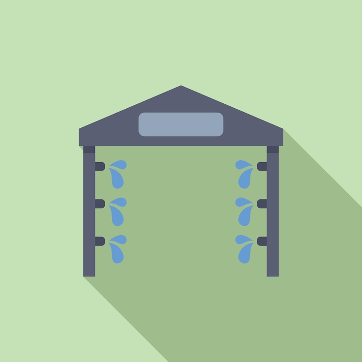 Vector car wash entrance spraying water on green background
