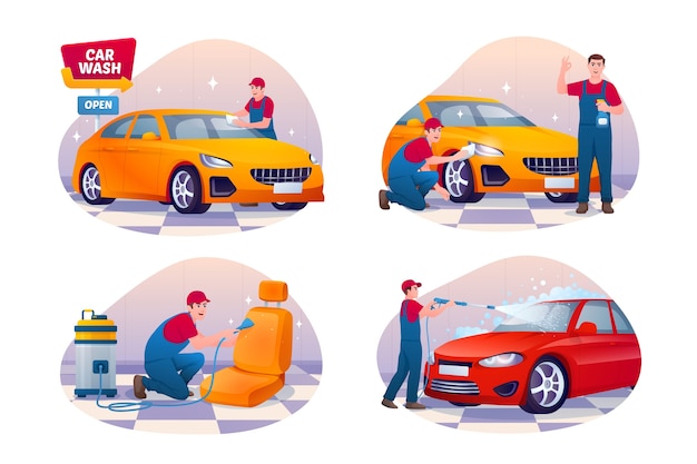 car wash flat cartoon mini composition set