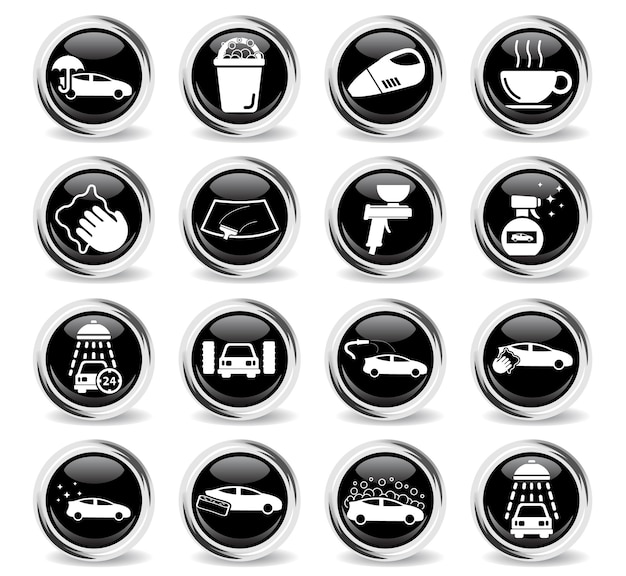 Car wash  icons on round black buttons with metal ring