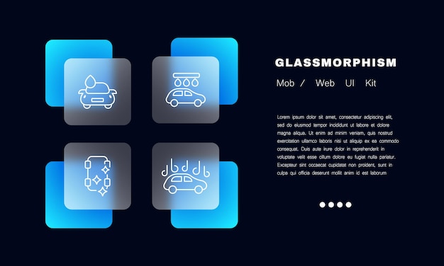 세차 라인 아이콘 물 방울 클렌저 세제 깨끗 한 빛나는 별 자동차 좌석의 증기 인테리어 먼지를 닦아 서비스 개념 Glassmorphism 스타일 광고에 대 한 벡터 라인 아이콘