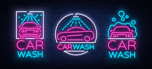 Vector car wash logo set vector design in neon style vector illustration isolated template concept luminous signboard icon on a car wash theme luminous banner