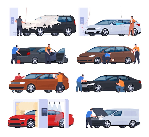 Автомойка Люди моют свои машины на специальных автомойках Полировка кузова автомобиля Векторная иллюстрация