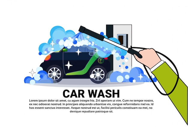 Vector car wash service banner with cleaning vehicle