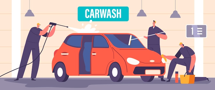 Vector car wash service concept with workers wearing uniform lathering automobile with sponges and pouring with water jets cleaning company employees at work process cartoon people vector illustration