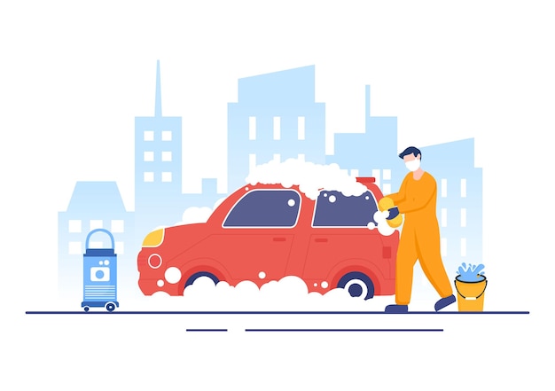 Vector car wash service flat design illustration. workers washing automobile using sponges soap and water for background, poster or banner