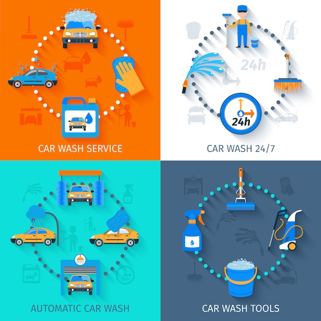 car wash service icons flat