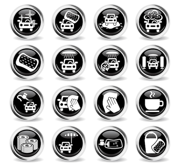Car wash service icons on round black buttons with metal ring