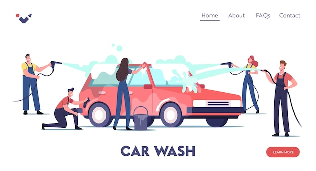 Vector car wash service landing page template. worker characters wearing uniform lathering automobile with sponge and pouring with water jet. cleaning company work process. cartoon people vector illustration