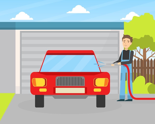 Car wash service male worker character in overalls washing car vector illustration