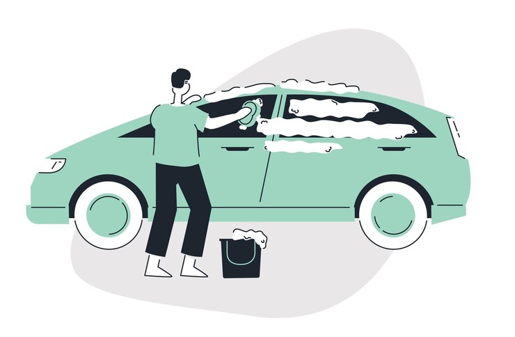 Vector car wash service man washing his car flat vector illustration