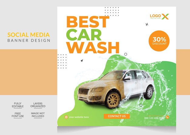 car wash service social media post banner editable template