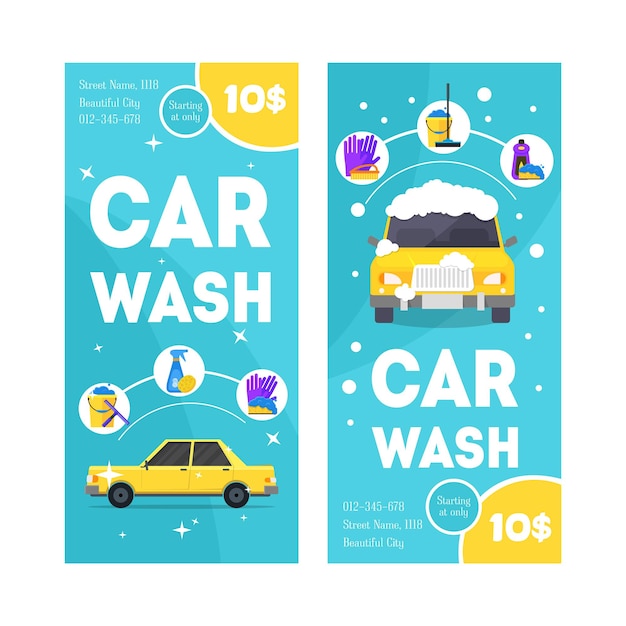 Car Wash Service verticale banner kaartenset voor uw bedrijf platte ontwerpstijl. vector illustratie