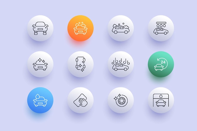 Car wash set icon viewing hole clean cleaning foam water drops stars shine around the clock wipe sponge wheel tire service concept neomorphism style vector line icon for business