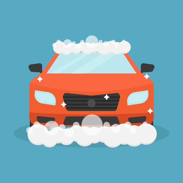 Vector car wash vector illustration on blue background, red car being washed with soap