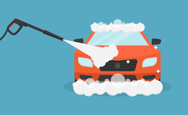Векторная иллюстрация автомойки красная машина моется с мылом