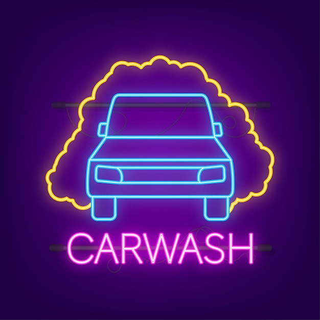 Vector car wash vehicle in foam neon icon cleaning car vector stock illustratie