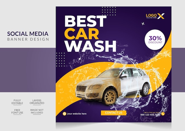car wash washing service social media post and web banner editable template