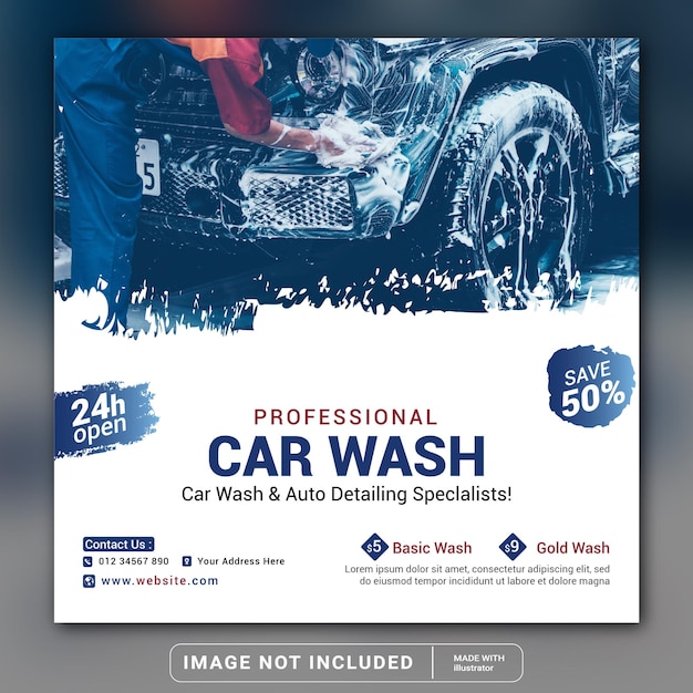 Vector car wash wasservice social media instagram post bannersjabloon of vierkante flyer