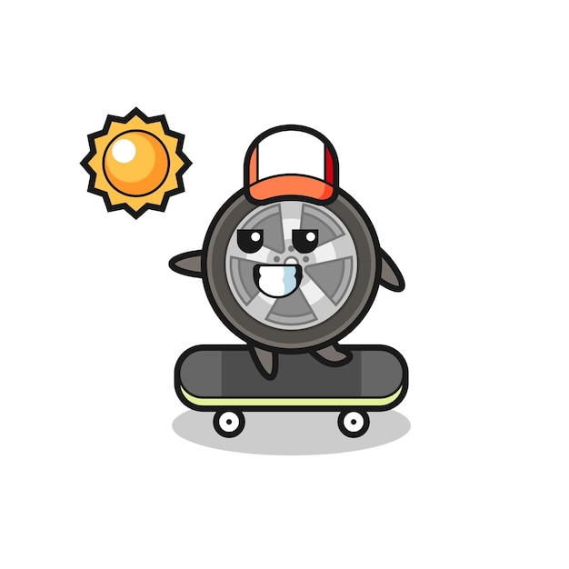 L'illustrazione del personaggio della ruota dell'auto guida uno skateboard, design in stile carino per maglietta, adesivo, elemento logo