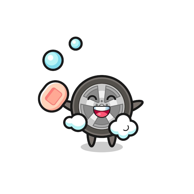 Car wheel character is bathing while holding soap cute style design for t shirt sticker logo element