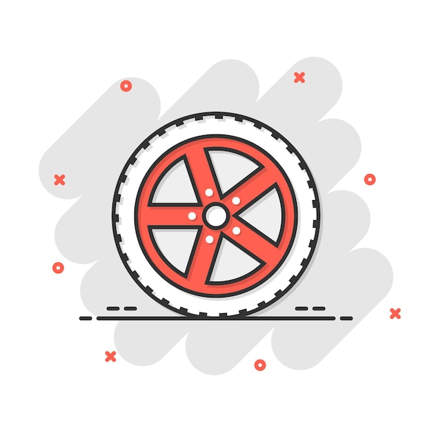 Vector car wheel icon in comic style vehicle part cartoon vector illustration on white isolated background tyre splash effect business concept