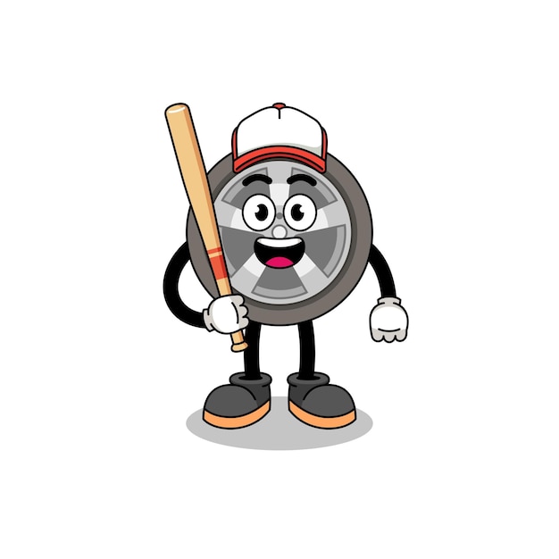 Car wheel mascot cartoon as a baseball player