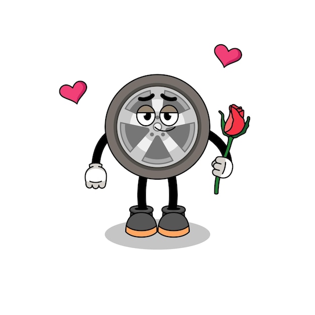 Vector car wheel mascot falling in love