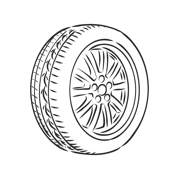 車のホイールベクトルスケッチアイコンを背景に分離