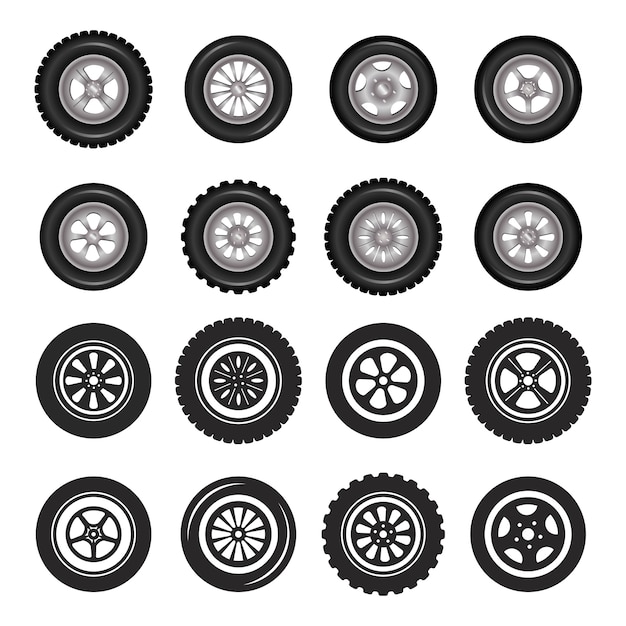 Car wheels icons detailed photo realistic vector set.