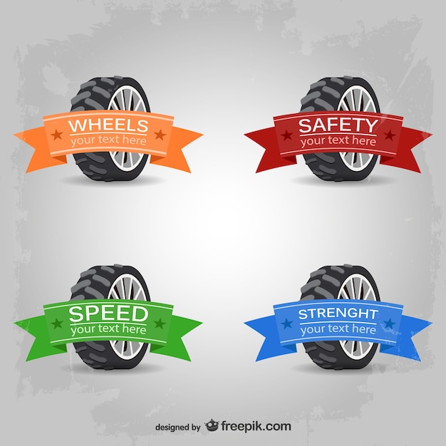 Vector car wheels logos with ribbons in different colors