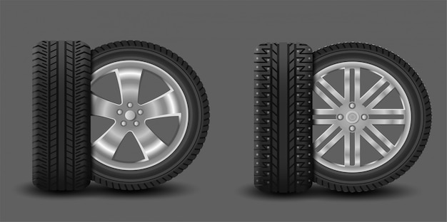 Vector car wheels with summer tire and winter tire with spikes