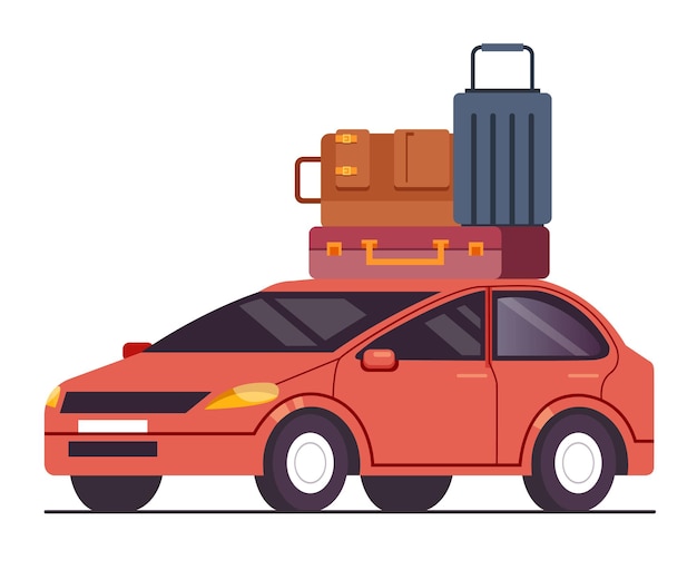 Vector car with bags on roof vacation trip vector flat cartoon graphic design illustration