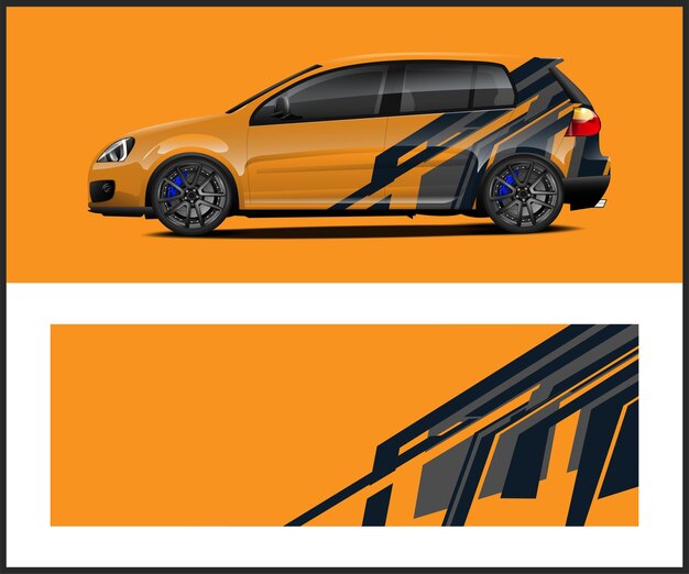 A car with a black and orange stripes on the side.