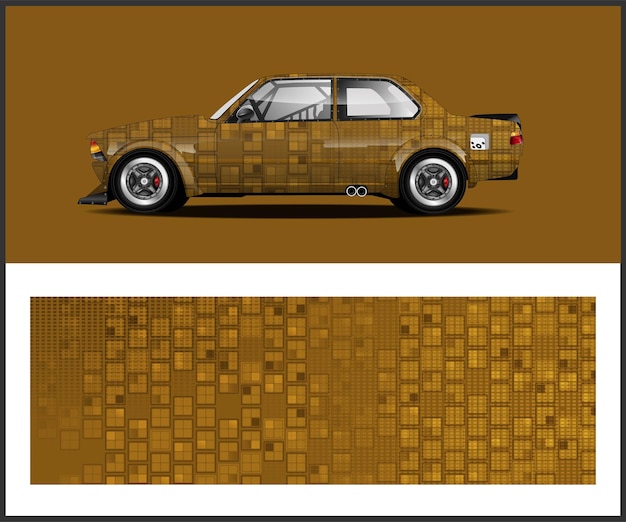 A car with a brown and gold pattern that says bmw.