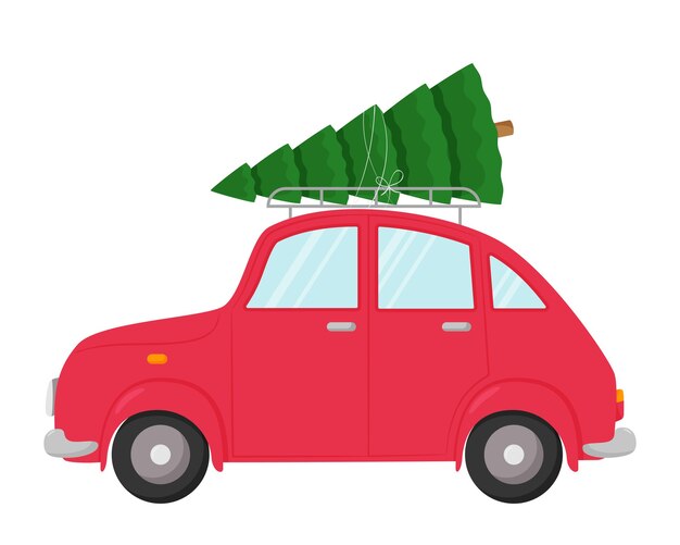 지붕에 크리스마스 트리와 자동차입니다. 흰색 배경에 고립 된 평면 스타일의 일러스트. 새 해와 크리스마스 디자인의 요소입니다.