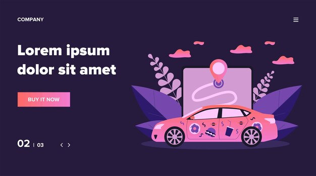 Car with food stickers. restaurant courier vehicle, location app, address   illustration. service, food delivery, online order concept for banner, website  or landing web page