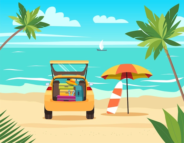 Auto con bagagli sulla spiaggia. illustrazione di stile piatto