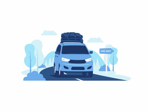 Car with luggage on top doing road trip travelling vacation family travel in countryside forest and mountain road concept illustration