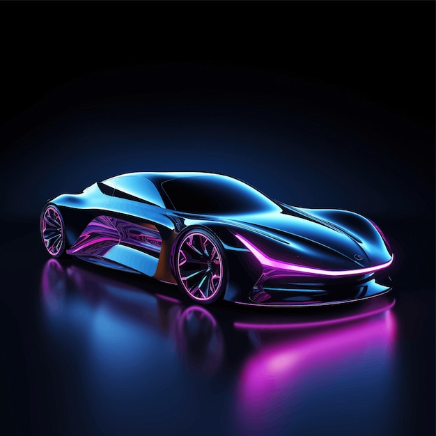 Auto con luci al neon su sfondo scuro auto sportiva veicolo autonomo futuristico hud