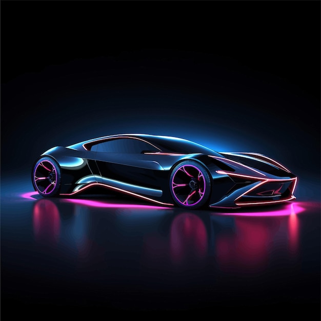 Car with neon lights on a dark background Sports car futuristic autonomous vehicle HUD car