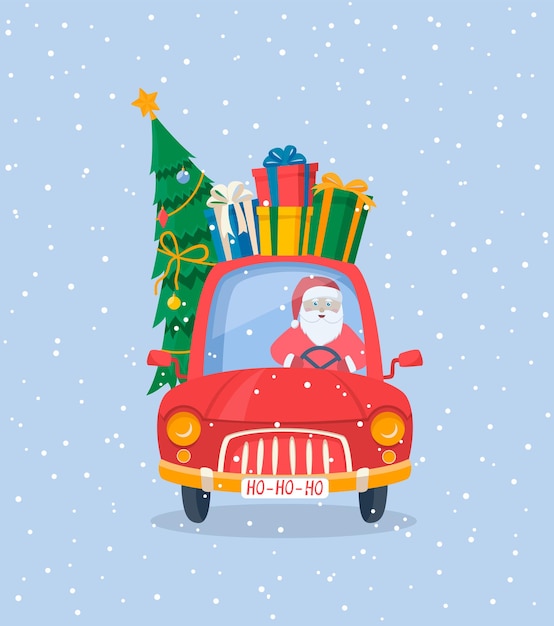 Car with santa claus gift boxes and christmas tree merry christmasvector illustration