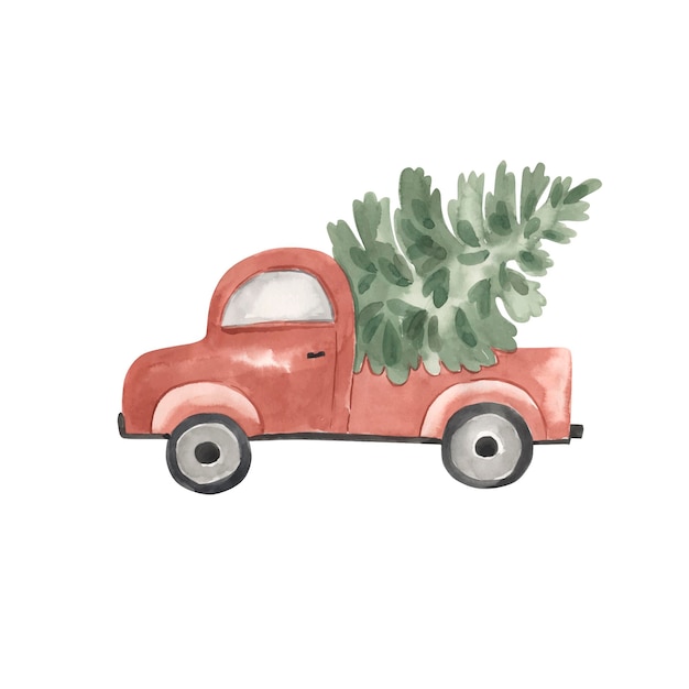 Vector car with tree watercolor illustration for kids