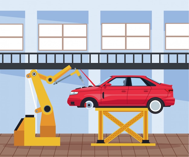 Vector car workshop scenery with lifted car and arm industrial machine working on