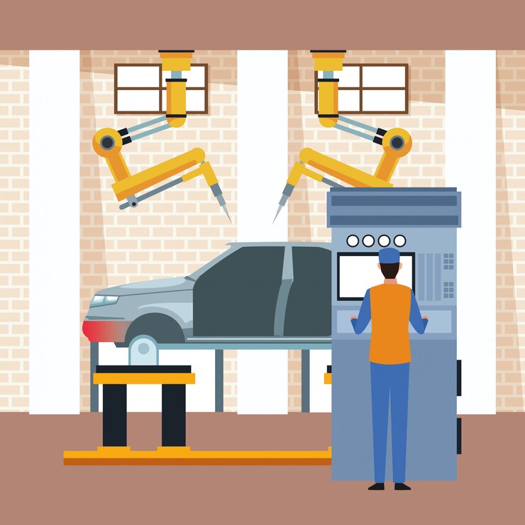 Vector car workshop scenery with lifted car with industrial arms and mechanic surpervising