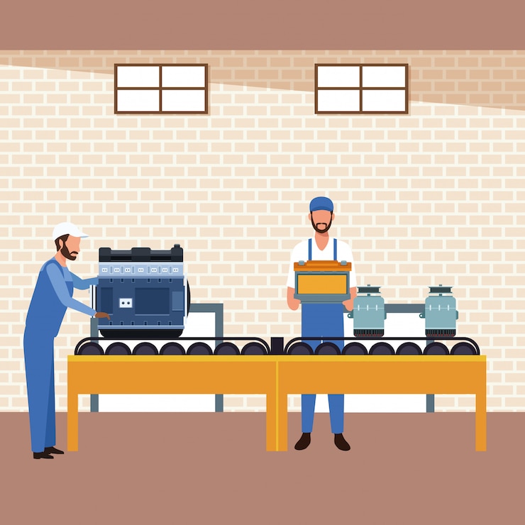Vector car workshop scenery with mechanics working with car parts