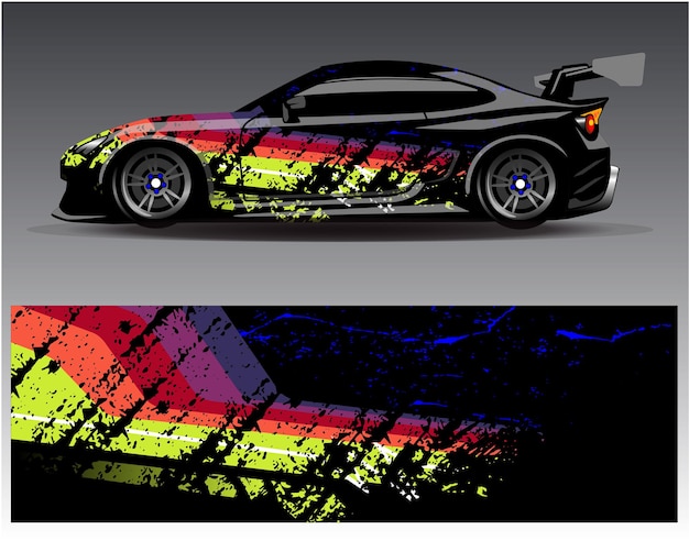 カー ラップ デザインのベクトル。ラップ車両用のグラフィック抽象ストライプ レーシング バック グラウンド キット デザイン