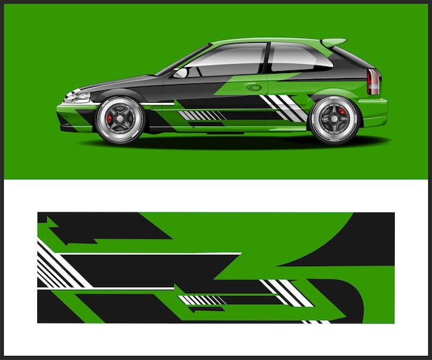 Car wrap with a green and black design for a car with the letter t on it.